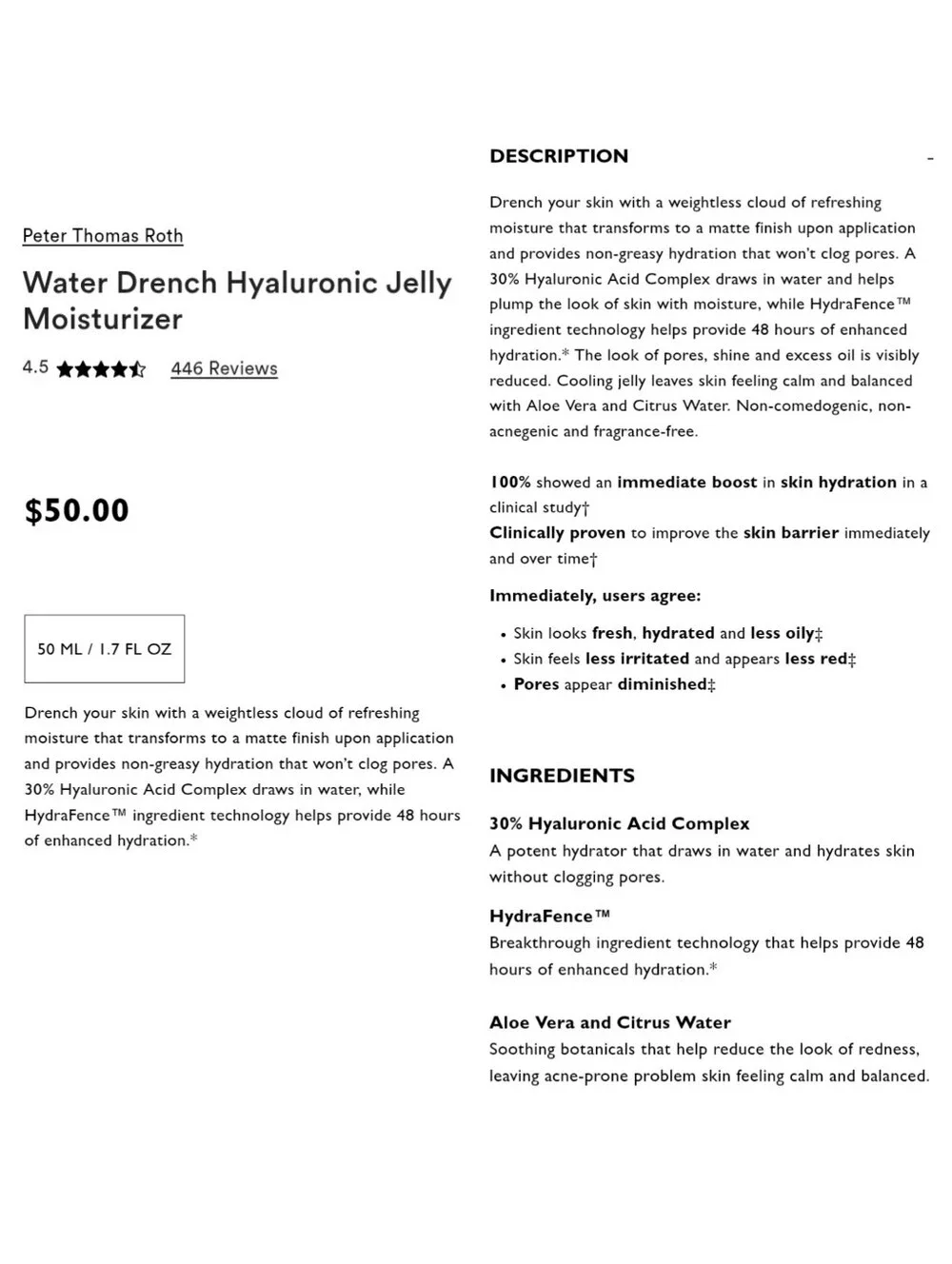 PETER THOMAS ROTH Water Drench Hyaluronic Jelly Moisturizer